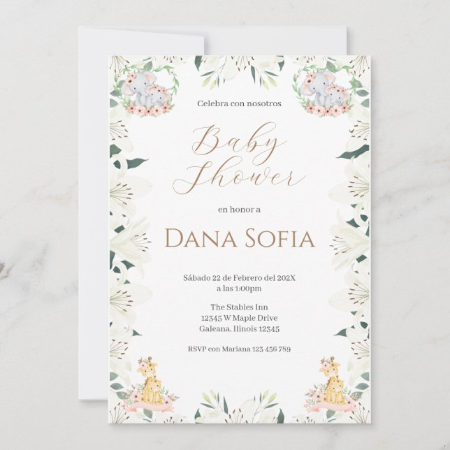 Safari floral Spanish Baby Shower Girl invitation (Devant)