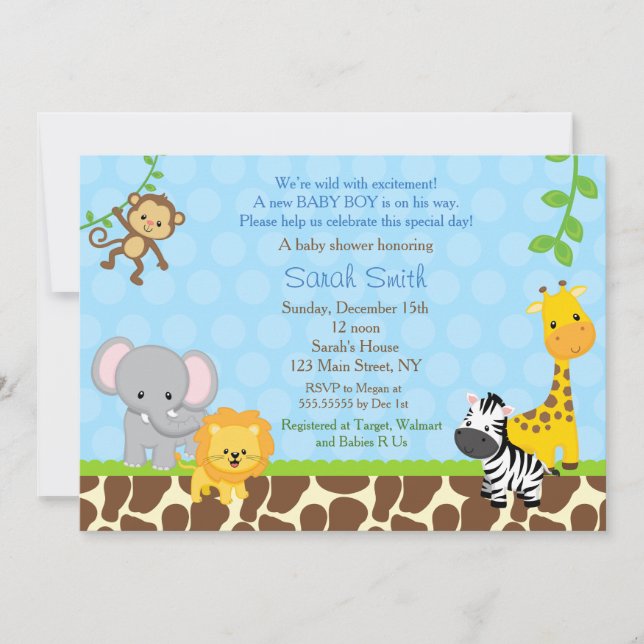 Safari Jungle Animaux Bébé Douche Invitations Garç (Devant)