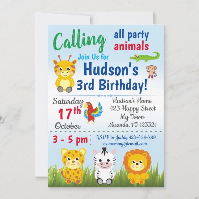 Safari Jungle animaux invitation anniversaire (Devant)