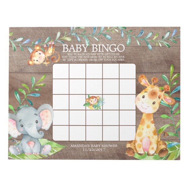 Safari Jungle Baby shower Bingo Jeu Bloc-notes (Devant)