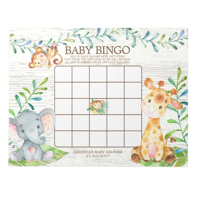 Safari Jungle Baby shower Bingo Jeu Bloc-notes (Devant)