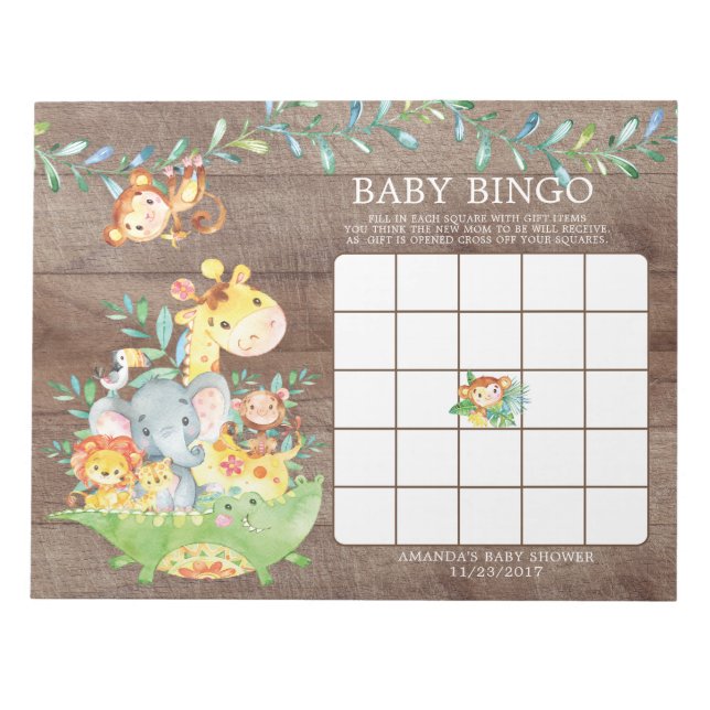 Safari Jungle Baby shower Bingo Jeu Bloc-notes (Devant)