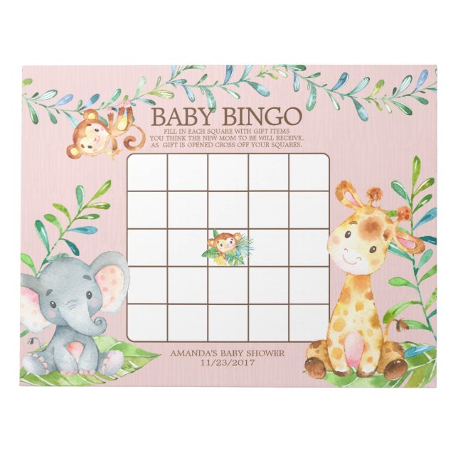 Safari Jungle Baby shower Bingo Jeu Bloc-notes (Devant)