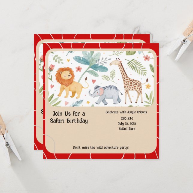 Safari Jungle Birthday Invitation (Devant/Arrière en situation)