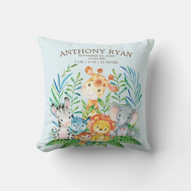 Safari Jungle Boys Birth Stats Coussin (Recto)