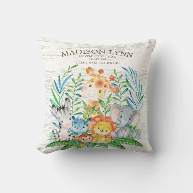 Safari Jungle Girl Boy Birth Stats Coussin (Recto)