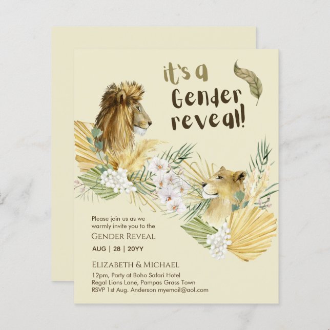 Safari Lions GENDER REVEAL Baby Shower Invitations (Devant / Derrière)