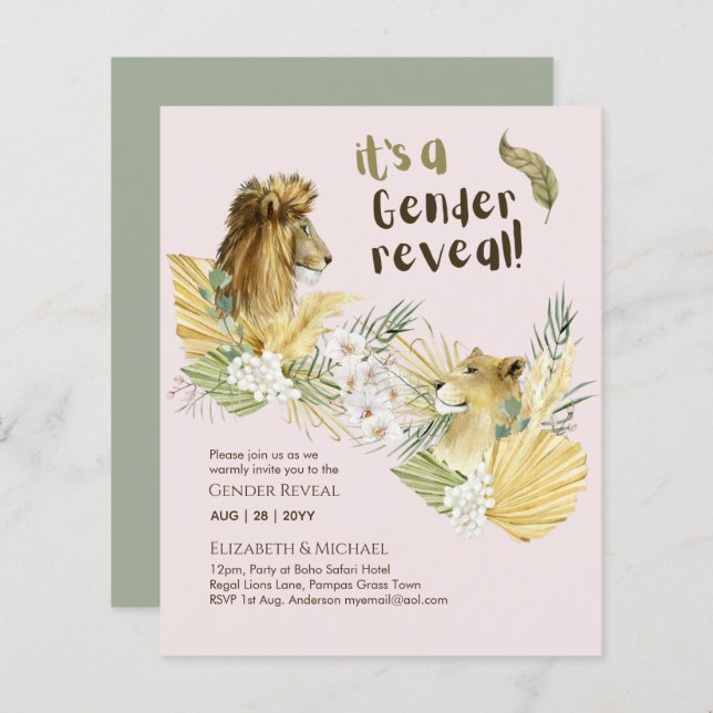 Safari Lions GENDER REVEAL Baby Shower Invitations (Devant / Derrière)