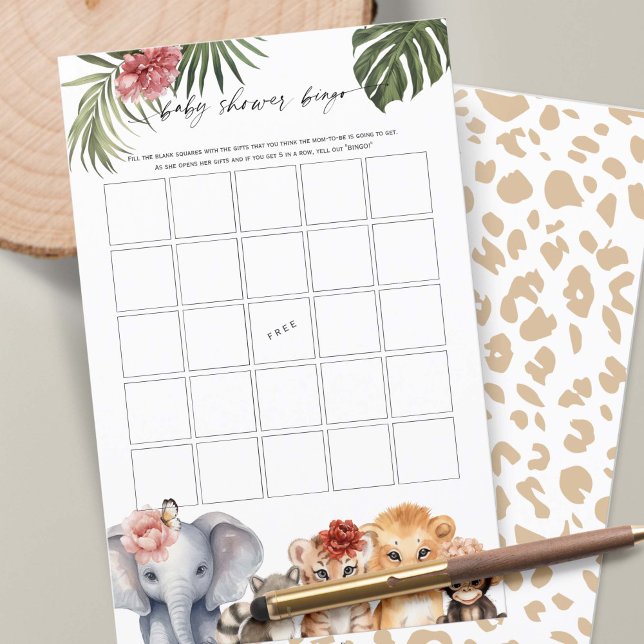 Safari mignonne Animaux bébé fille douche Bingo (Baby Girl Shower BINGO game, Wild One Safari Animals Themed Baby Shower.)