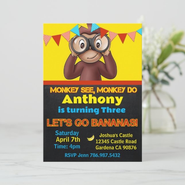 Safari Monkey invitation d'anniversaire (Debout devant)