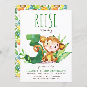 Safari Monkey troisième invitation anniversaire