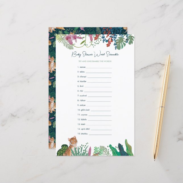 Safari Tiger Word Scramble Baby shower Jeu (Devant/Arrière en situation)
