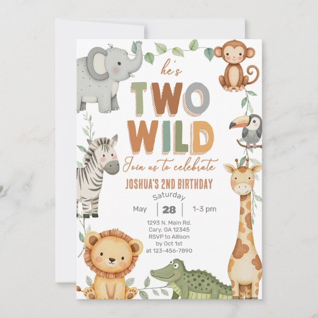 Safari Two Wild boy invitation de 2e anniversaire. (Devant)