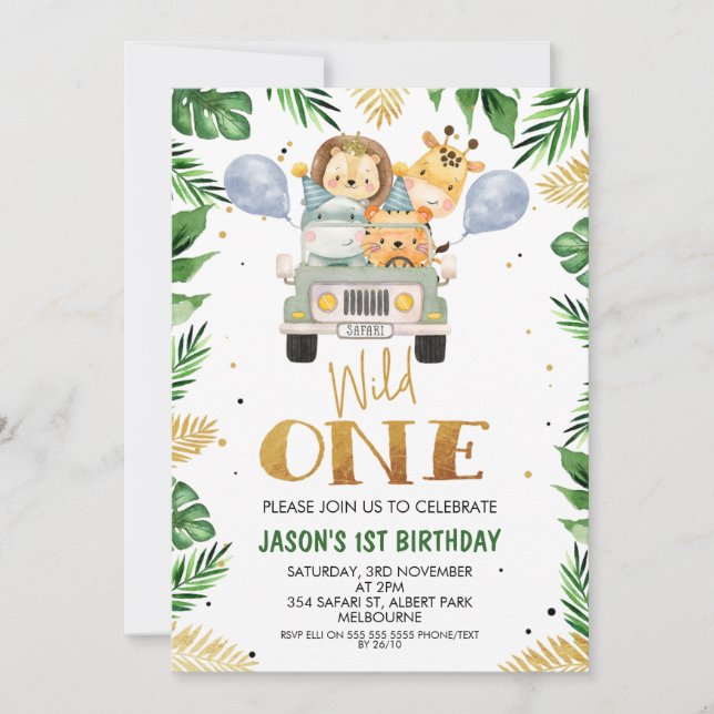 Safari Wild One feuillage Anniversaire Invitation (Devant)