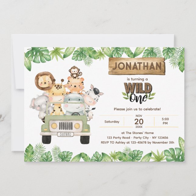 Safari Wild Un Anniversaire Invitation Cute Animau (Devant)