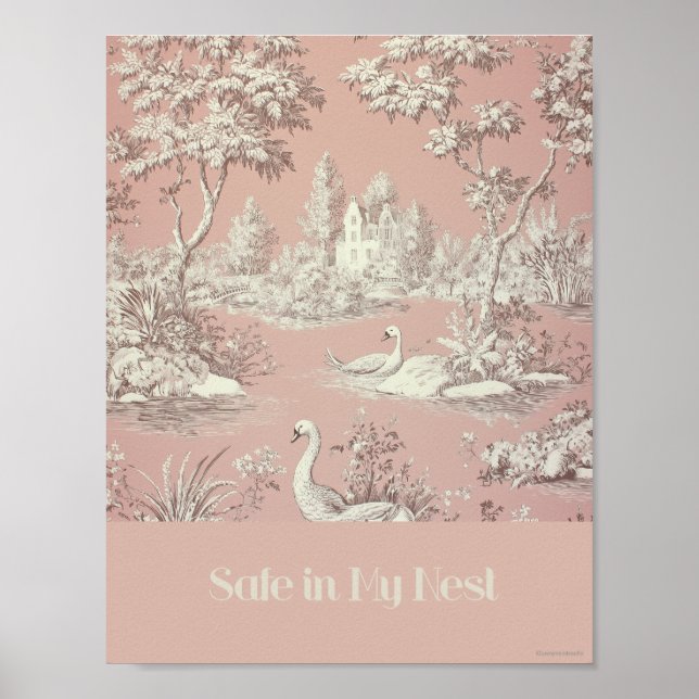 Safe In My Nest Rose Swans Nursery Poster (Devant)