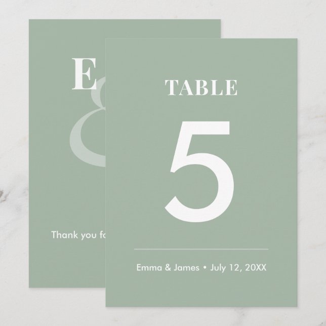 Sage Ampersand Mariage | Numéro de table moderne (Devant / Derrière)