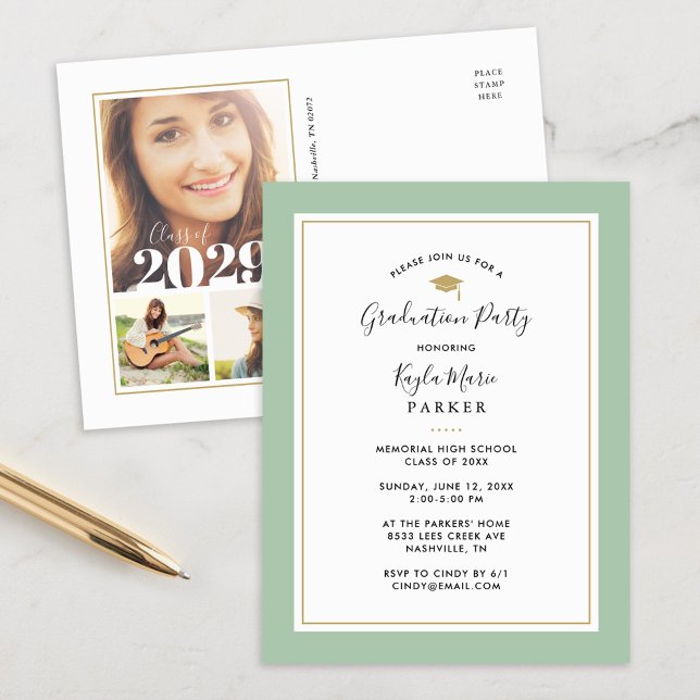 Sage and Gold 3 Photo Graduation Party Invitation (Créateur téléchargé)