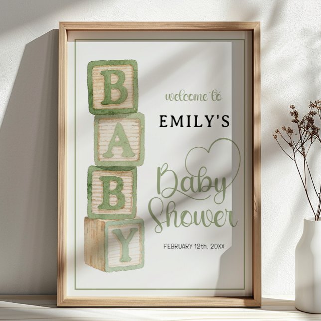 Sage Baby Blocks Baby Shower Welcome Poster (Baby Shower Welcome Sign)