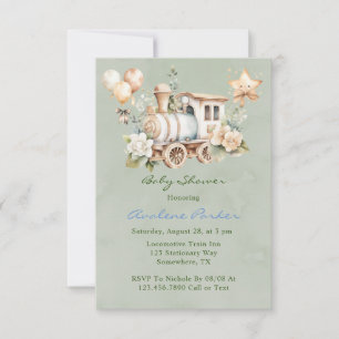 Sage Dusty Blue Train Boy Invitations Baby showers