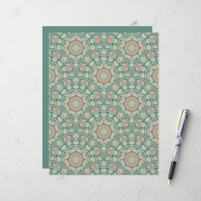 Sage et sable rétro Mandala Art Déco Scallop (Devant/Arrière en situation)