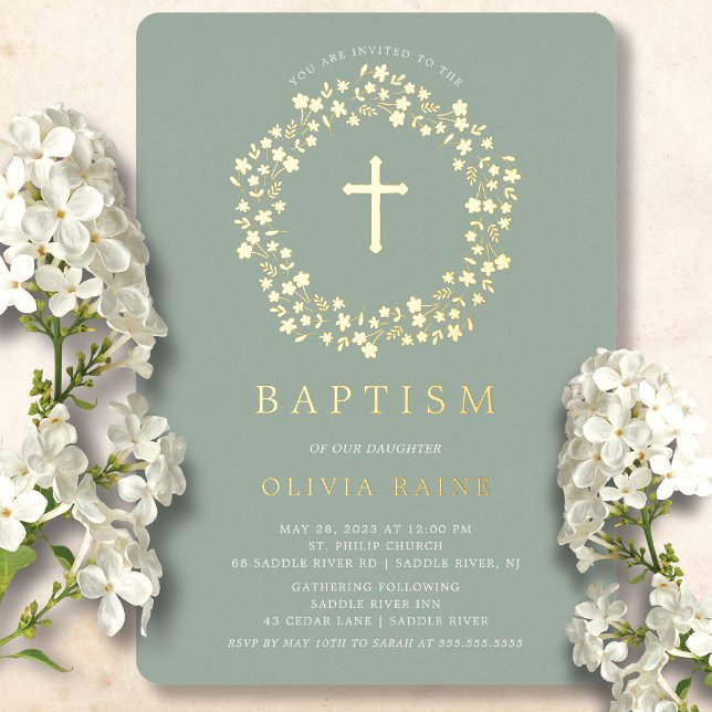 Sage Floral First Baptism Foil Invitation (Créateur téléchargé)