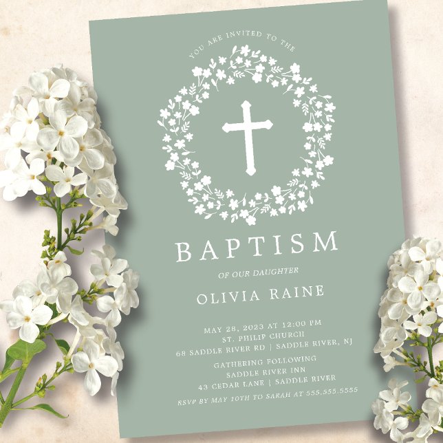 Sage Floral Girls Baptism Invitation (Créateur téléchargé)