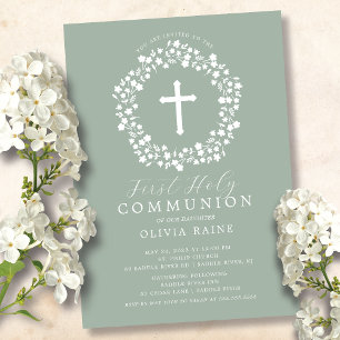 Sage Floral Girls First Communion Invitation