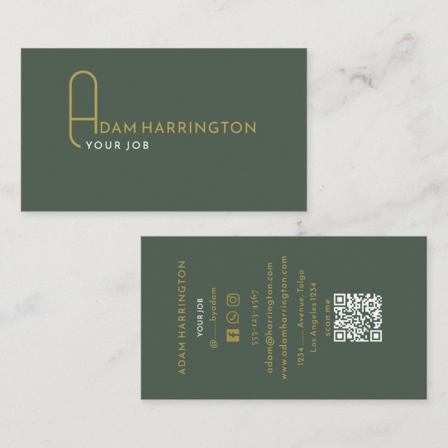 Sage foncé | Élégant Carte de visite de code QR st (Devant / Derrière)