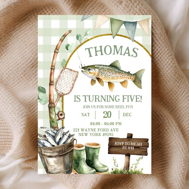 Sage Gingham Fisherman birthday invitation (Créateur téléchargé)
