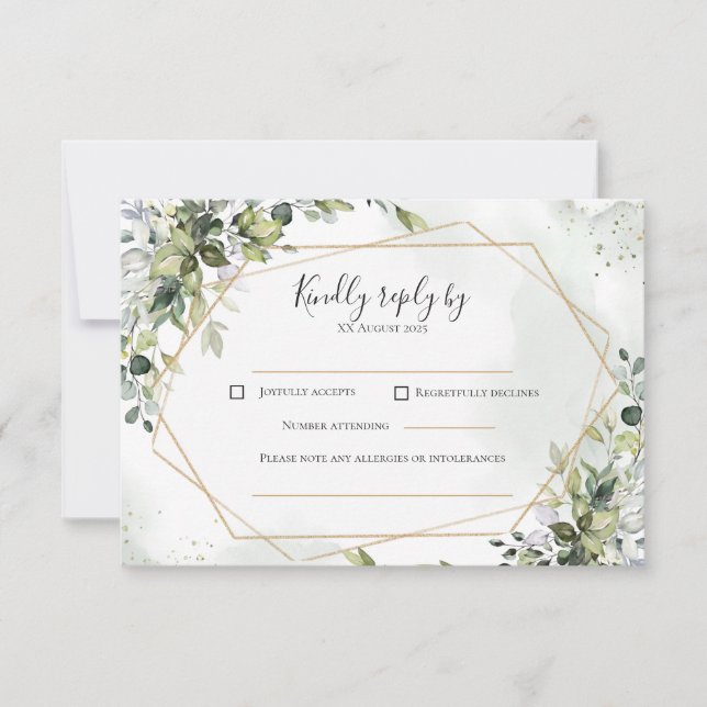 Sage gold eucalyptus geometric wedding RSVP card (Devant)