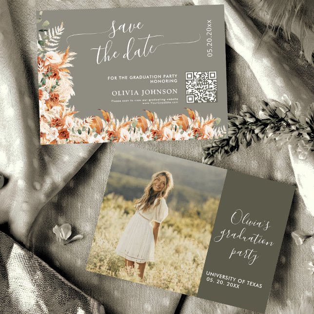 Sage Gray Terracotta Graduation Save the Date QR  (Créateur téléchargé)
