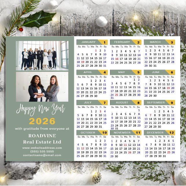 Sage Green 2026 Calendrier Entreprise 2 Photo Magn (Créateur téléchargé)