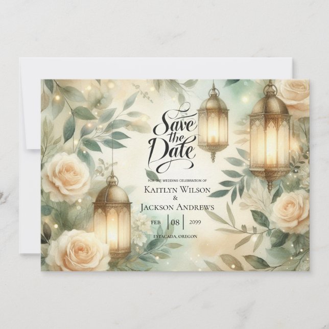 Sage Green and Ivory Rose Lantern Save the Date (Devant)