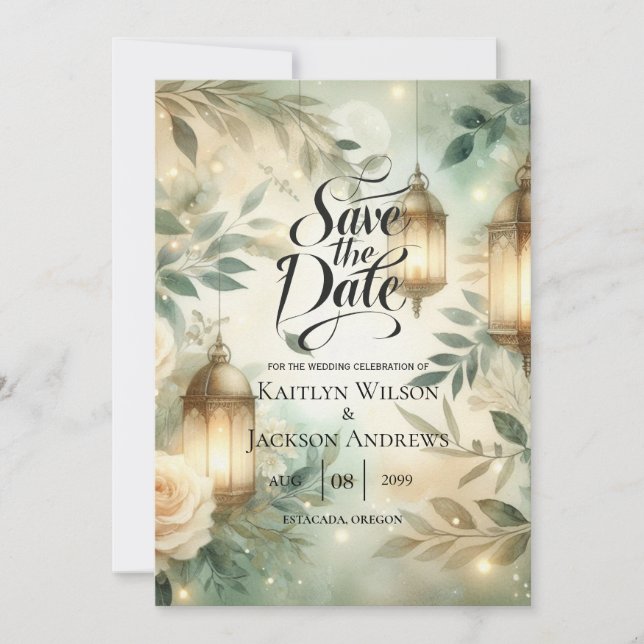 Sage Green and Ivory Rose Lantern Save the Date (Devant)
