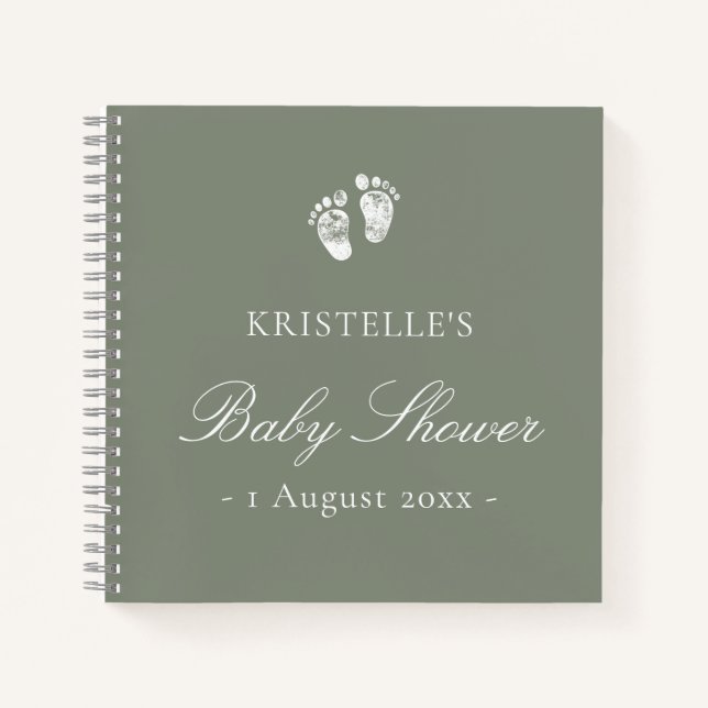 Sage Green Baby Footprint Baby shower Livre d'invi (Devant)