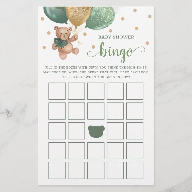 Sage Green Baby shower Bingo Jeu Teddy Bear (Devant)