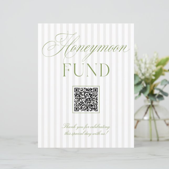 Sage Green & Beige Honeymoon Fund QR Code Sign (Debout devant)