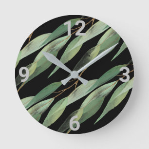 Sage Green Black Botanique Eucalyptus Mur Horloge