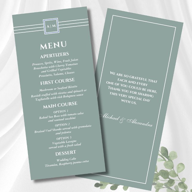 Sage Green Blanc Monogramme Moderne Mariage Menu (Créateur téléchargé)