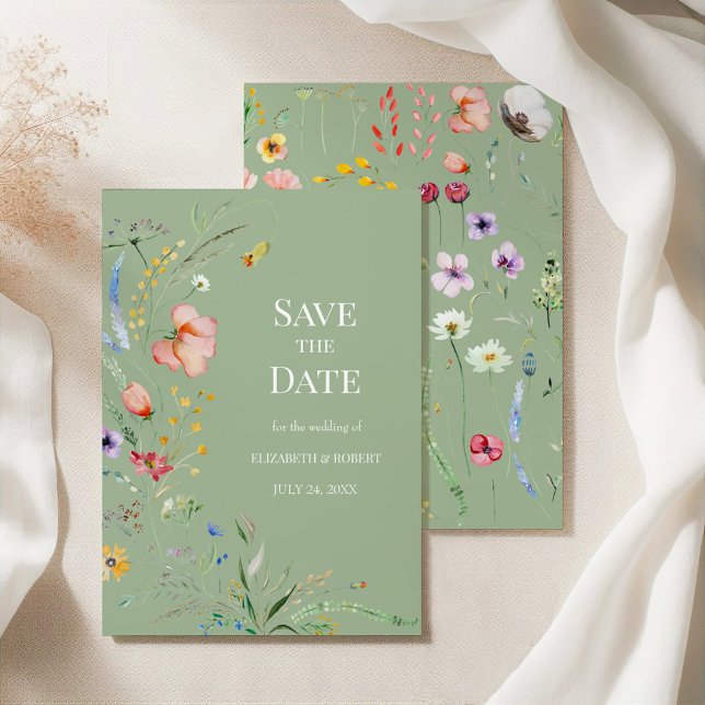 Sage Green Boho Fleur sauvage Enregistrer la carte (Sage Green Boho Wildflower Save the Date Card on a silk tablecloth with botanicals)