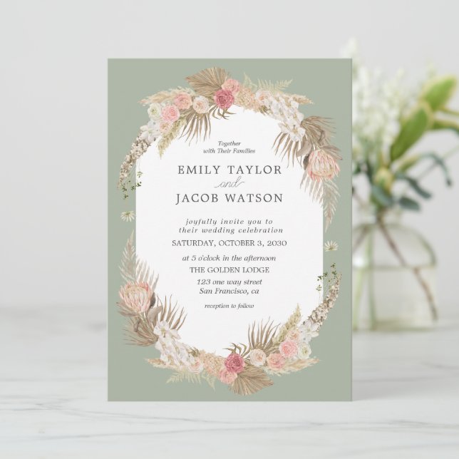 Sage Green Boho Floral Faire-part de mariage (Debout devant)