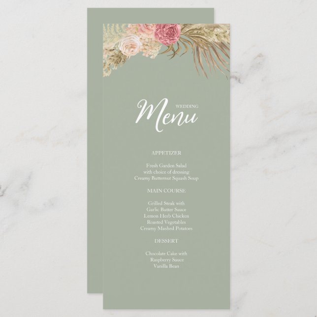 Sage green Boho Floral Mariage plat Menu (Devant / Derrière)