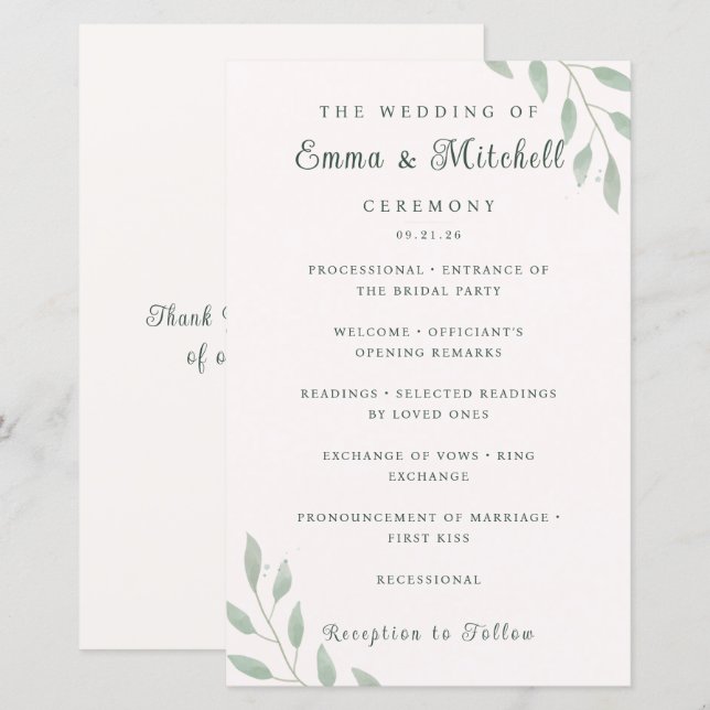Sage Green Botanical Minimal Wedding Program Card (Devant / Derrière)