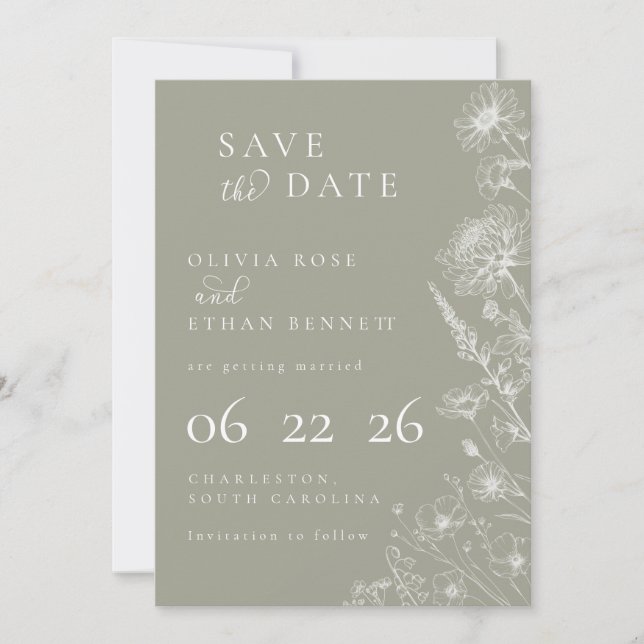 Sage Green Botanical Minimal Wedding Save the Date (Devant)