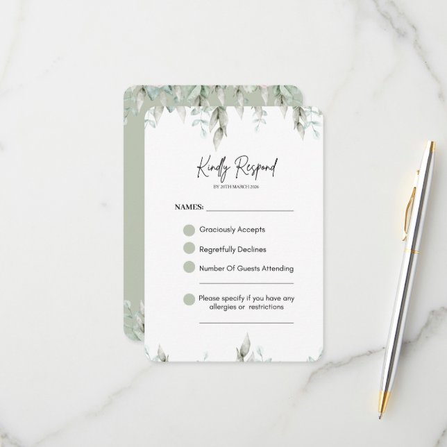 Sage Green Botanical Wedding RSVP CARD (Devant/Arrière en situation)
