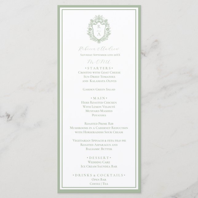 Sage Green Botanico Crest Monogramme Mariage Menu (Devant)
