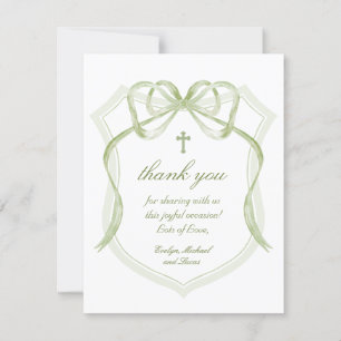 Sage Green Bow Crest Baptism Carte de remerciement
