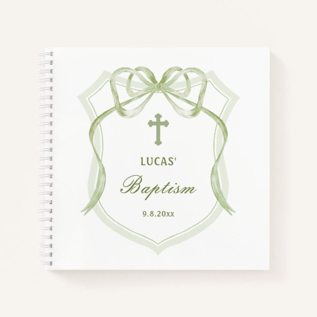 Sage Green Bow Crest Baptism Livre d'invité (Devant)