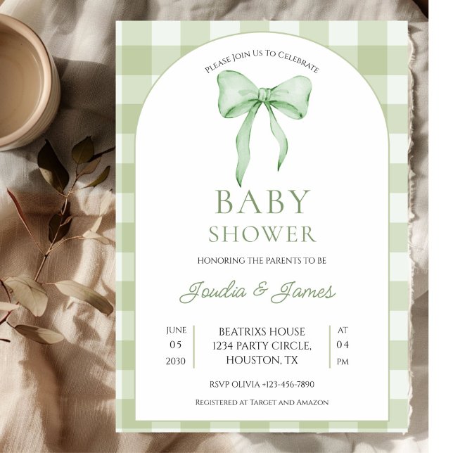 sage green Bow Gingham Baby Shower Invitation (Créateur téléchargé)